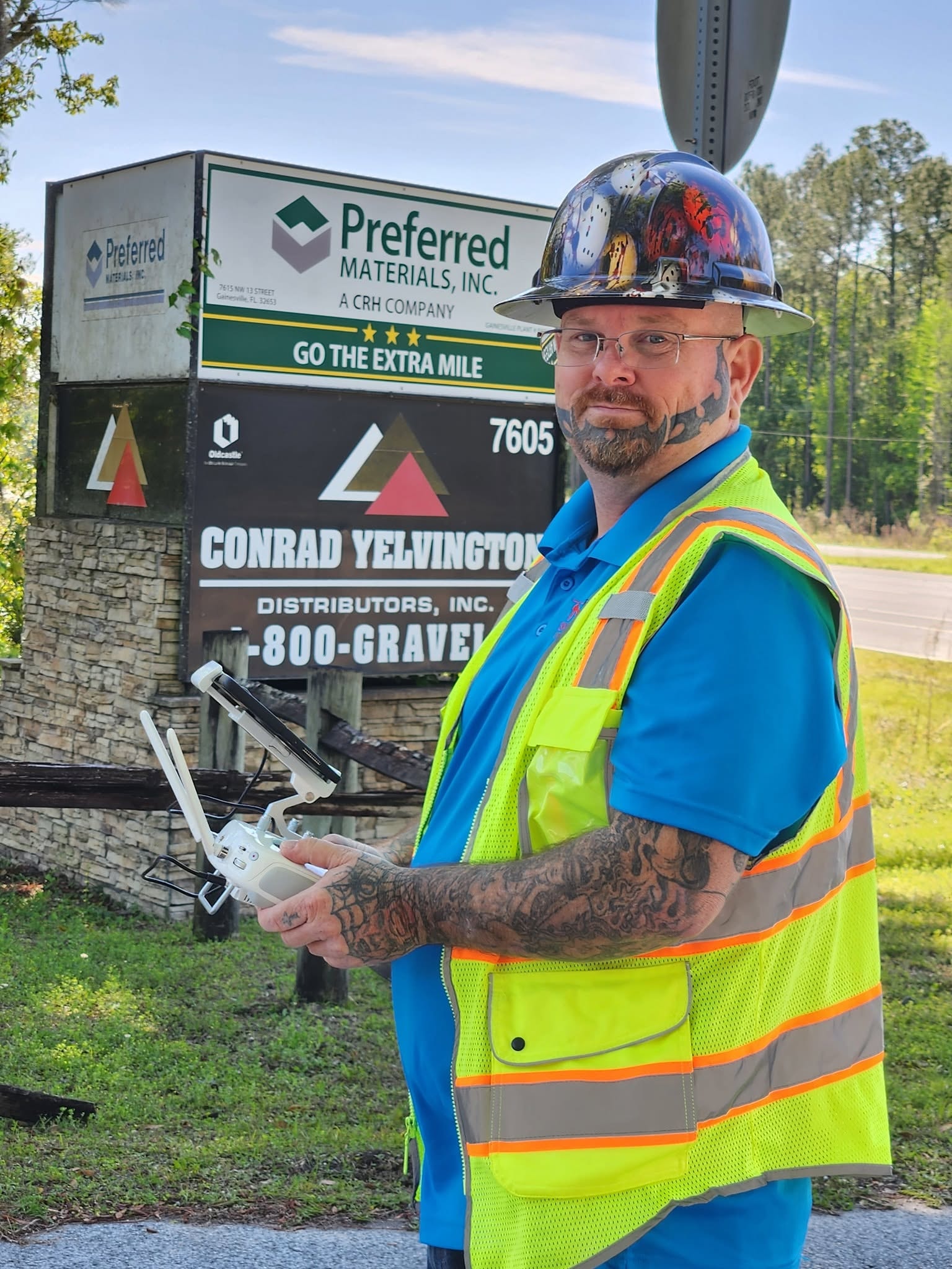 Jason Rathay operating drone at a Preferred Materials construction site