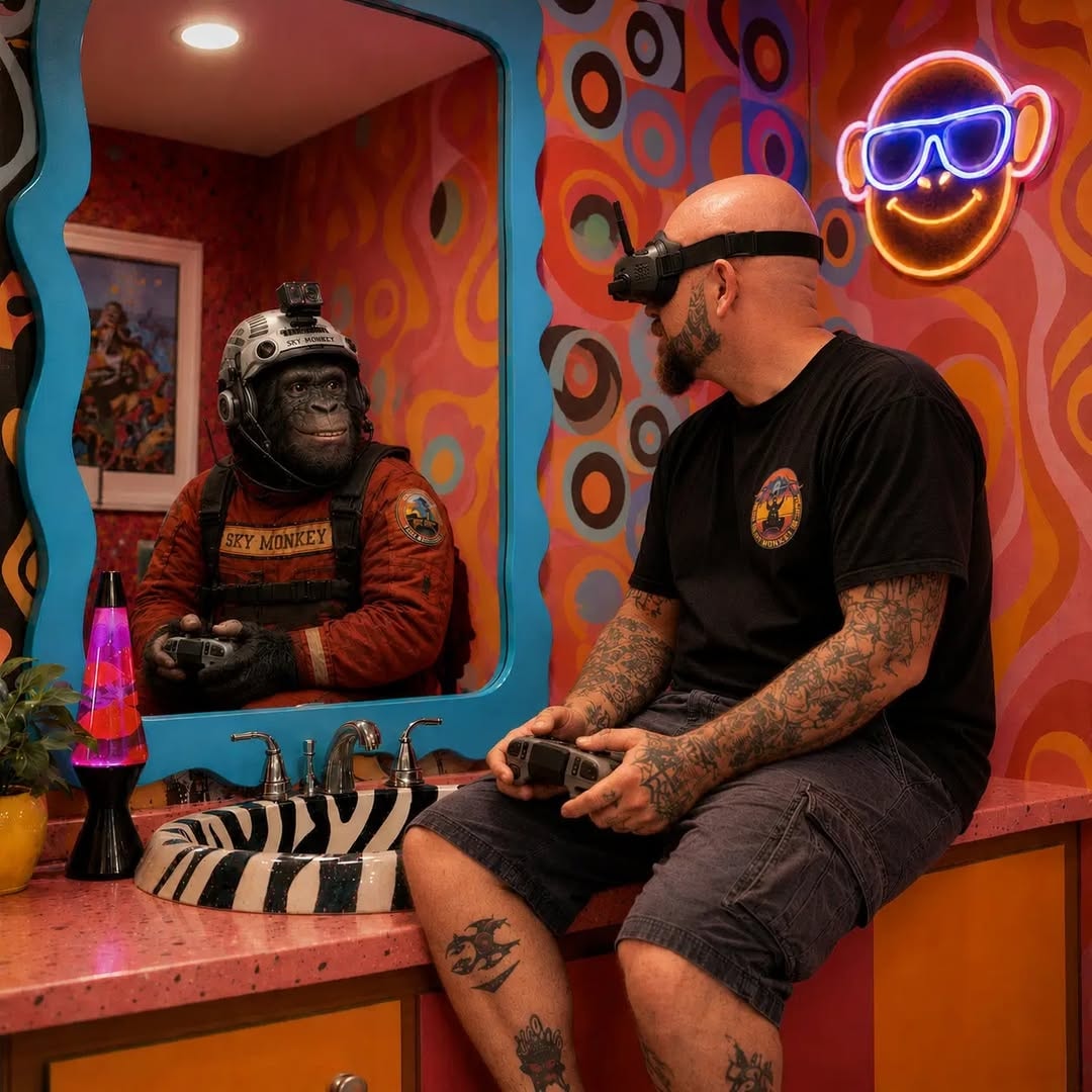 Jason Rathay flying FPV goggles with the Sky Monkey mascot