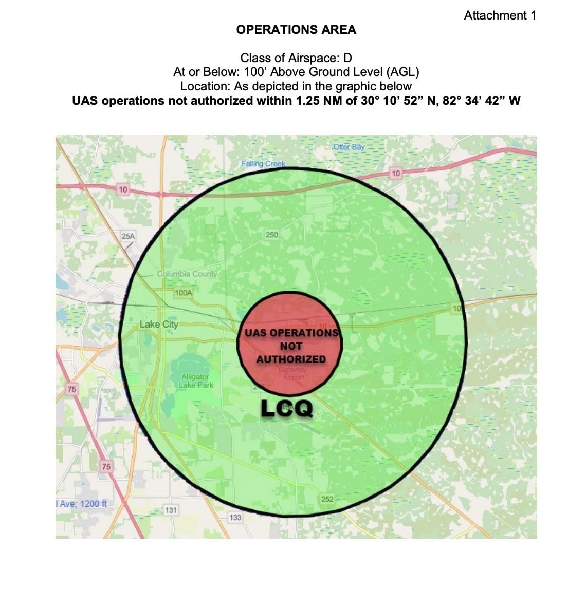 FAA operations area map showing authorized UAS flight zone around Lake City Gateway Airport (LCQ)