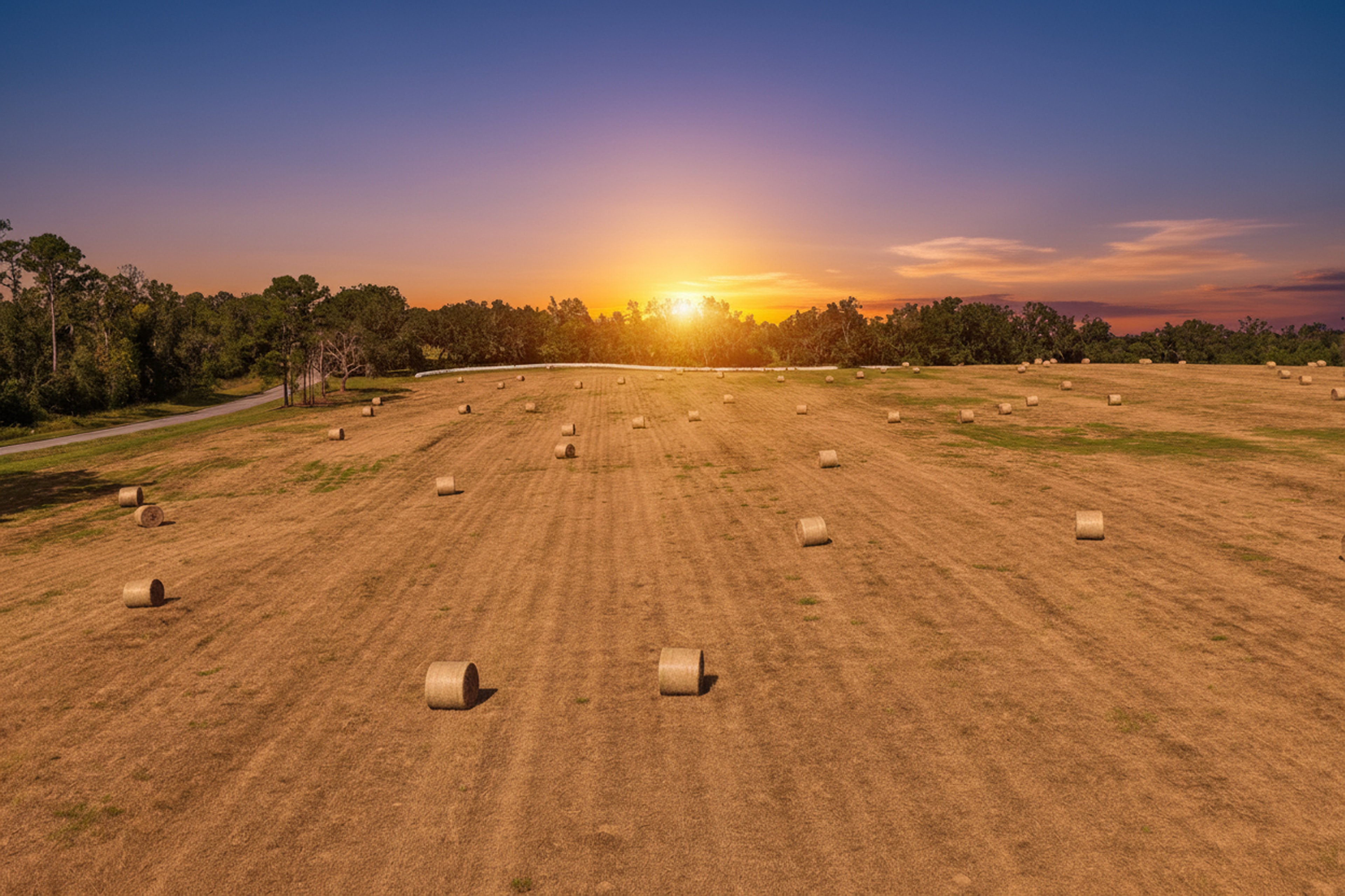 Aerial drone view of hay fields at golden hour sunset